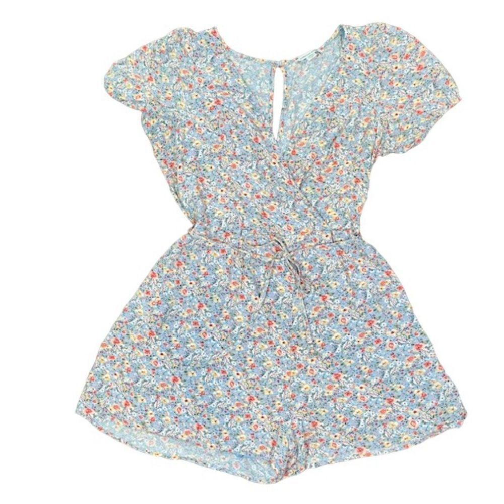 American Eagle Short‎ Romper Blue Floral Gauzy Elastic Tie Waist puff Sleeve S